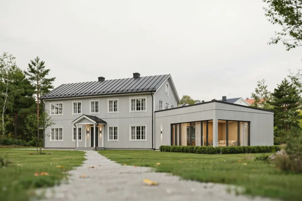 tillbyggnad av vardagsrum med stora f nsterpartier i uttran